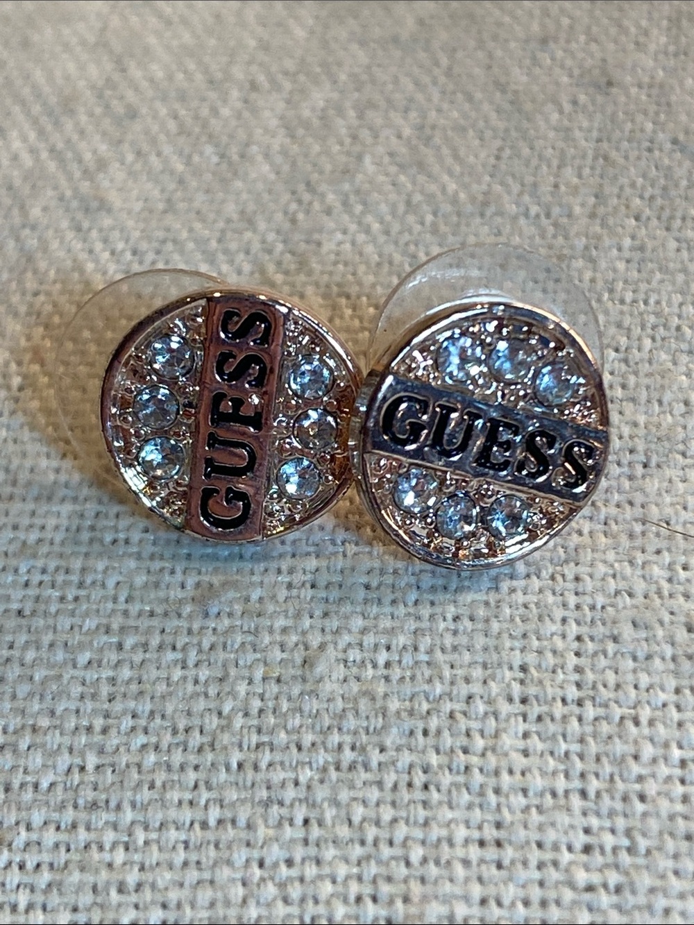 Guess Round Crystal Logo Studs - Rose Gold and Clear